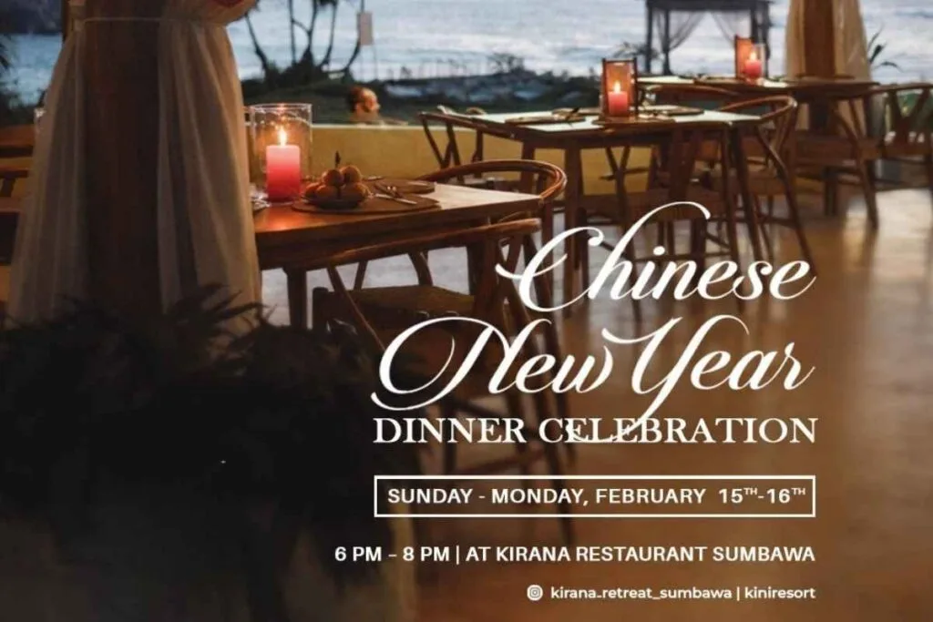 Chinese New Year 2026 dinner setup at Kirana Restaurant Sumbawa with lanterns, beachfront view, and festive ambiance